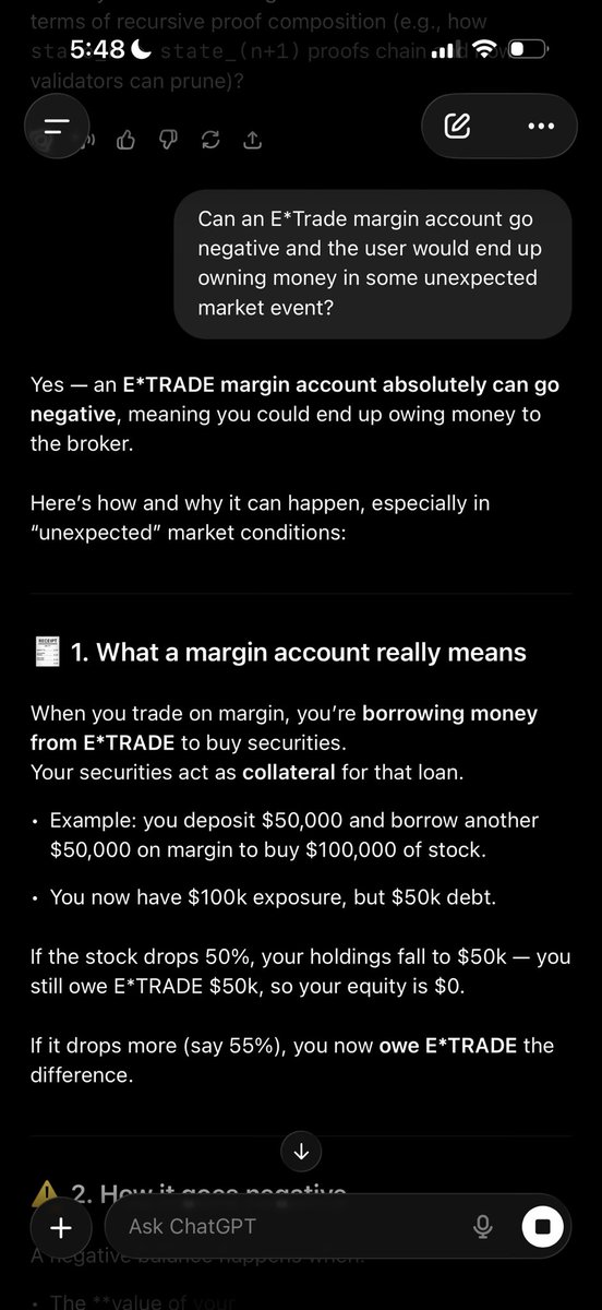 E*Trade 마진 계좌의 음수 잔액을 설명하는 ChatGPT 스크린샷