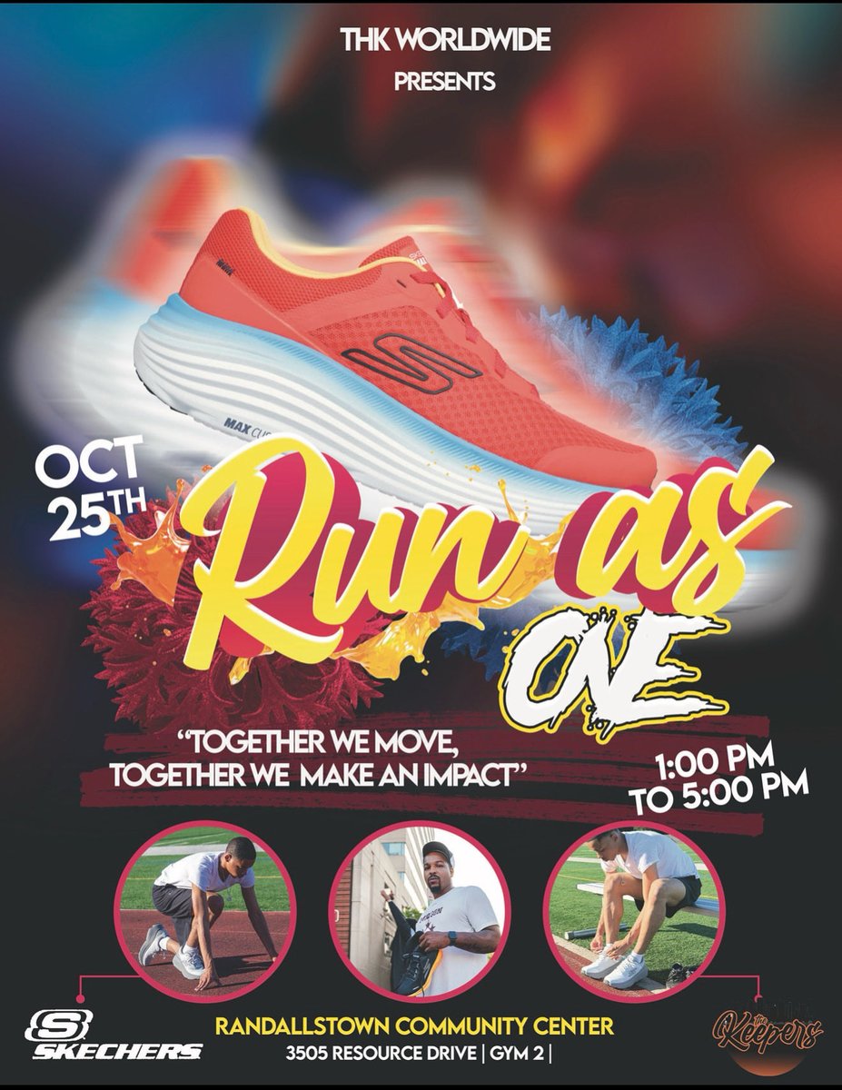 When We move together, We create change🌍🖤
Join THK Worldwide &amp; Skechers for The “Run As One Event”
A day of Unity, Movement, and Purpose.
🗓️ October 25 | 🕐 1PM–5PM
📍 Randallstown Community Center | Gym 2

Register for Tickets 🎟️(Free): eventbrite.com/e/run-as-one-e…

“Together We