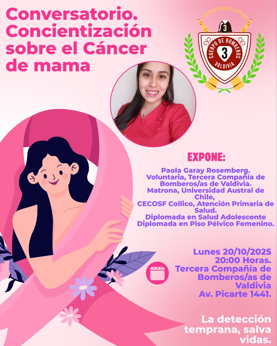 No te pierdas esta charla con Paola Garay Rosemberg, Voluntaria de Bomberos/as de #Valdiviacl y Matrona.
​🗓️ Lunes 20/10/2025
⏰ 20:00 Horas
📍 Tercera Compañía de Bomberos/as de Valdivia (Av. Picarte 1441).
​¡La detección temprana, salva vidas! 🎗💜