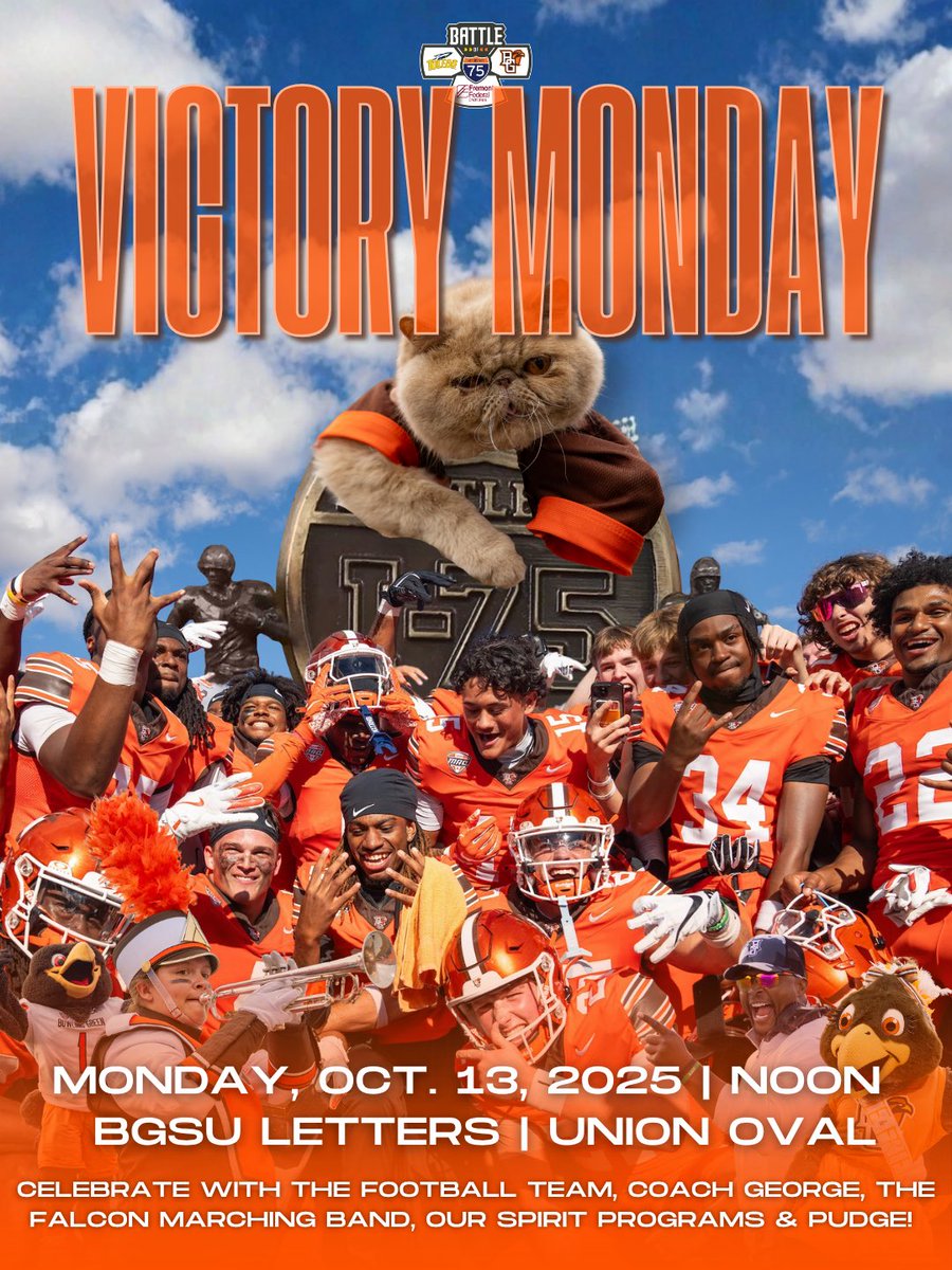 See you at Victory Monday!!! Your incredible, record-breaking support made the difference in our Battle of I-75 victory! Students, join us as we celebrate <a href="/BG_Football/">BGSU Football</a>’s epic win, the <a href="/BGSUFMB10/">BGSU Falcon Marching Band</a> and spirit programs with free pizza, cookies and soft drinks (while supplies last).