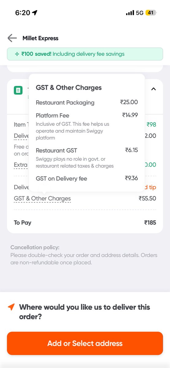 gabhisek_dev's tweet image. 98 item total + 87 other charges. I would rather prefer buying my own food. Even Swiggy’s premium membership won’t save you.