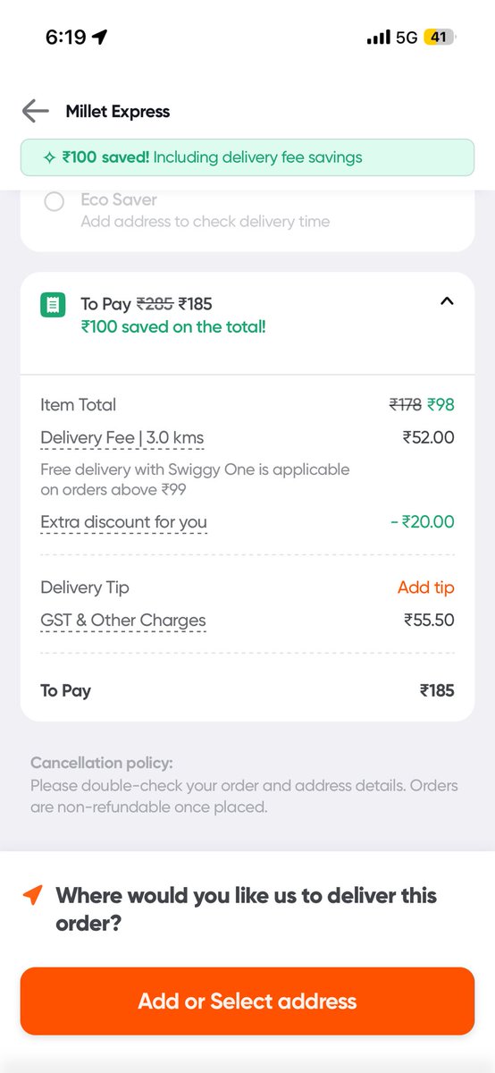 gabhisek_dev's tweet image. 98 item total + 87 other charges. I would rather prefer buying my own food. Even Swiggy’s premium membership won’t save you.