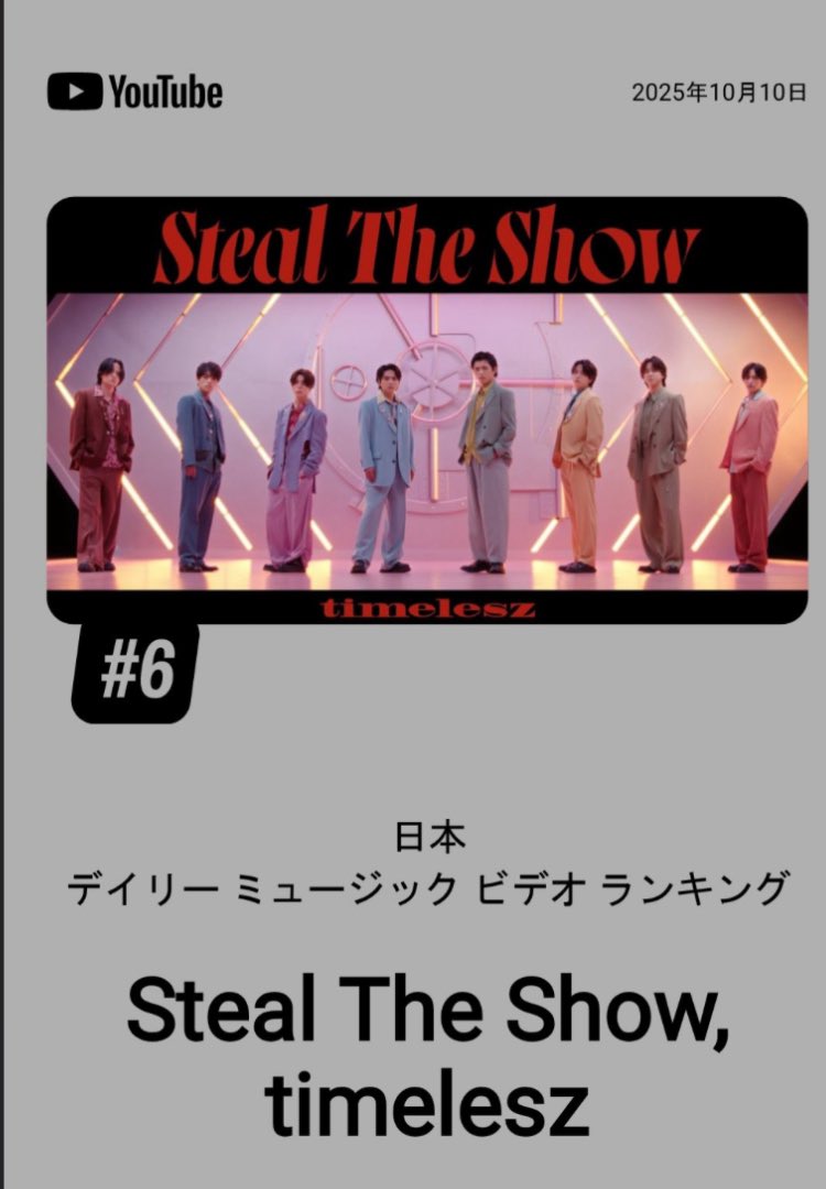 szcham1's tweet image. YouTube
デイリーミュージックビデオランキング

10/10分
6位
Steal The Show /timelesz

YouTube music charts: Japan Daily Top Music Videos 
charts.youtube.com/charts/TopVide…