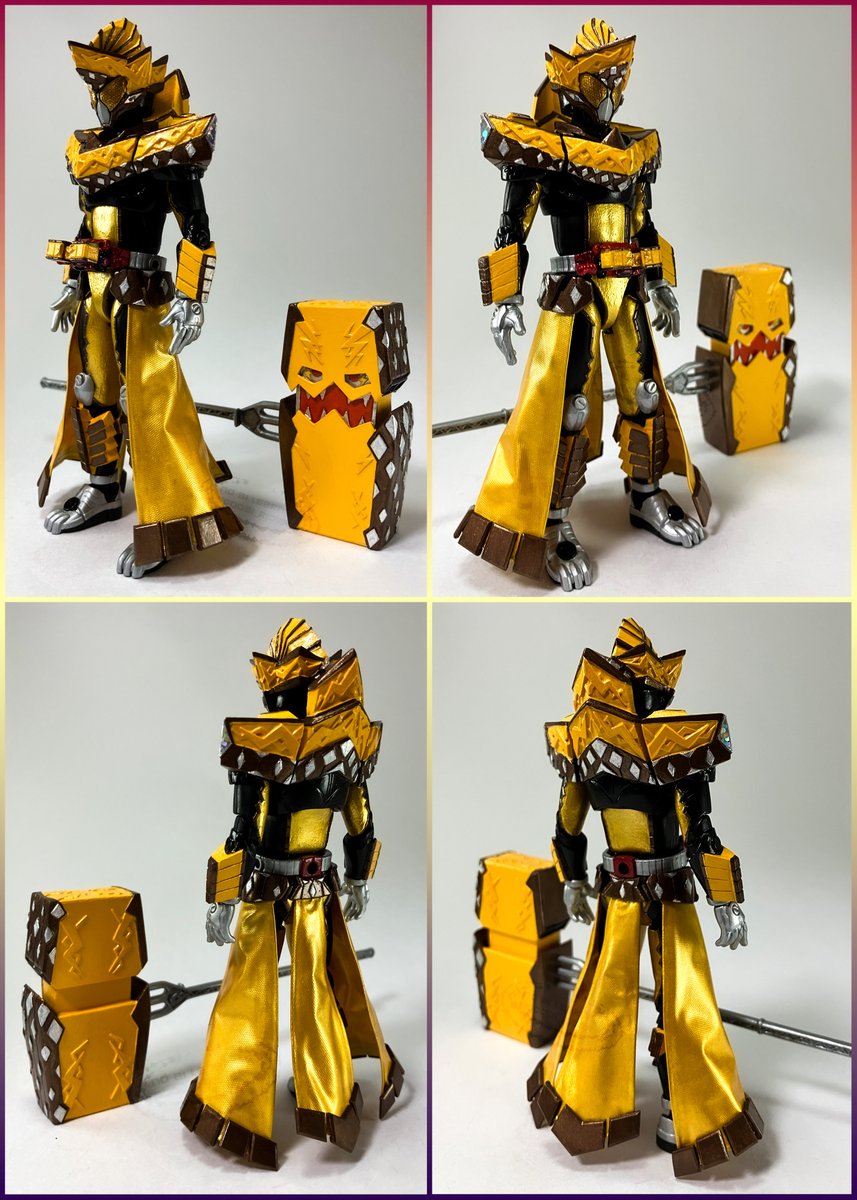 モチーフはカステラ！そして北欧神話より雷神トール！
ホッピングミの青・紫・黄色の中で唯一ヘクセンハイムに採用されなかった黄色をピックアップした、もうひとつの可能性の究極フォーム。
神槌『ミョルニルザラーメゴチゾウ』を振るい、雷鳴を轟かせる。 #装動