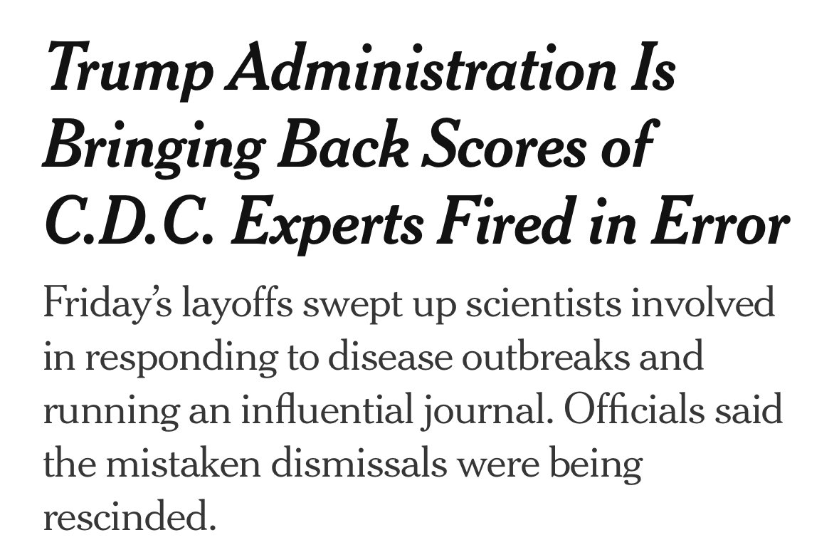 DrCatharineY's tweet image. UPDATE: The Trump administration today scrambled to rescind layoffs of hundreds of scientists at the Centers for Disease Control and Prevention who were mistakenly fired on Friday night in what appeared to be a substantial procedural lapse.