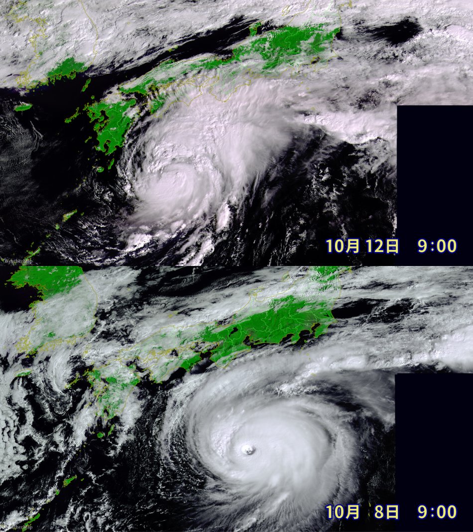 makotokawazu's tweet image. 上：台風23号（980hPa）
下：台風22号（935hPa）