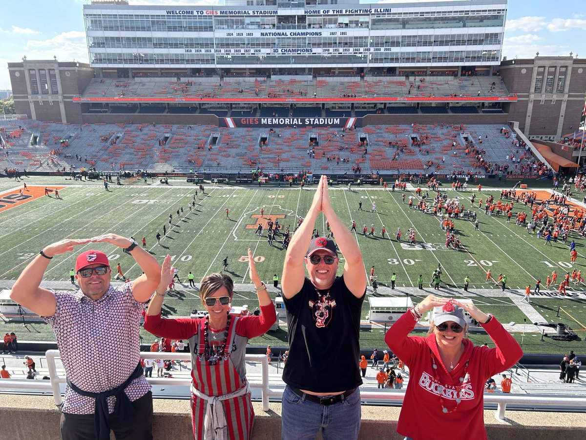 nquigg's tweet image. ✅ Big 10 Stadium number 13 at Illinois today.  Most with this crew.  “Another ILL-INI 1st down….”  GREAT view of the field in an intimate stadium but we were sitting on each other’s laps.  Go Bucks!
Stadiums to go: USC, UCLA, Oregon, Iowa and Michigan.