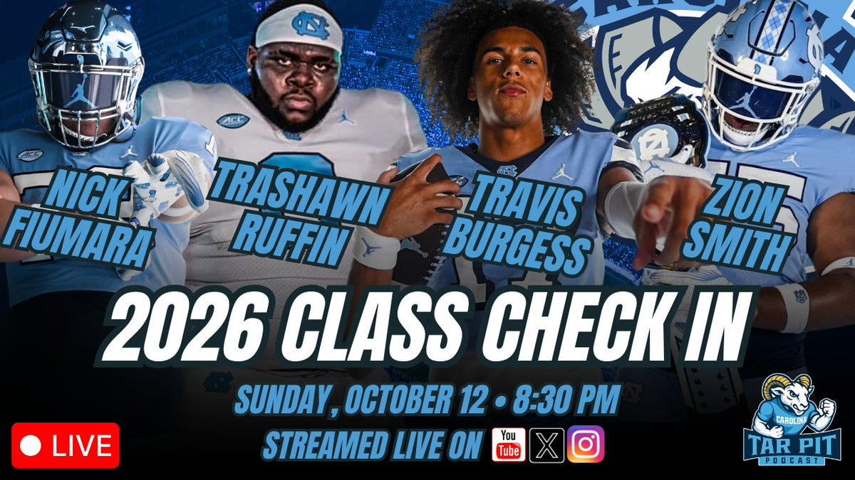 TarPitPod's tweet image. 🐏 We’ve got a big one lined up for tomorrow.
The Tar Pit Podcast is checking in with four 2026 commits: Travis Burgess, Trashawn Ruffin, Zion Smith, and Nick Fiumara. Tune in!
Streaming live to X, YouTube, and Instagram. Go Heels!