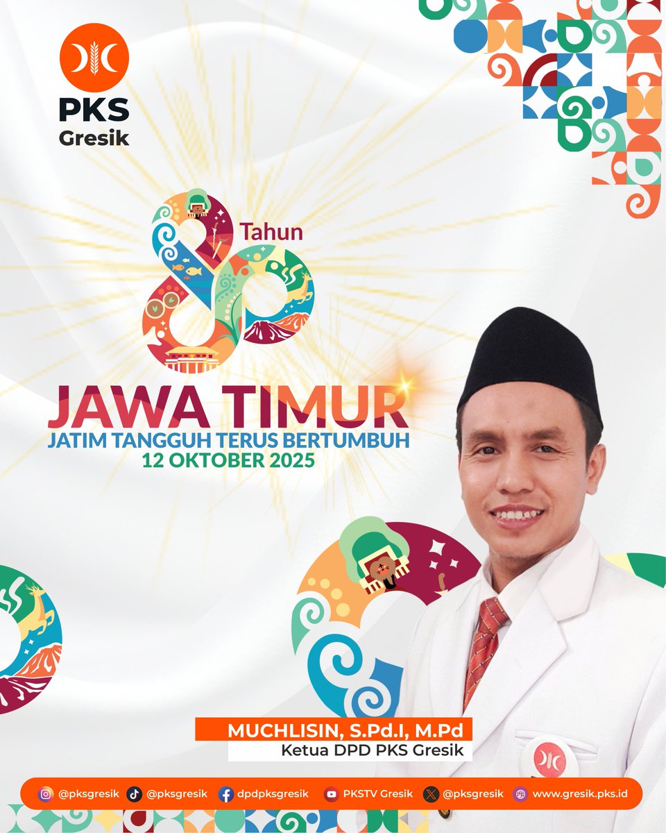 pksgresik's tweet image. Selamat Hari Jadi ke-80 Jawa Timur
✨ Jatim Tangguh, Terus Bertumbuh ✨

Dari PKS Gresik,
untuk Jawa Timur yang makin maju dan penuh kebaikan. 💪

#HUTJatim80 #PKSGresik #JatimTangguhTerusBertumbuh