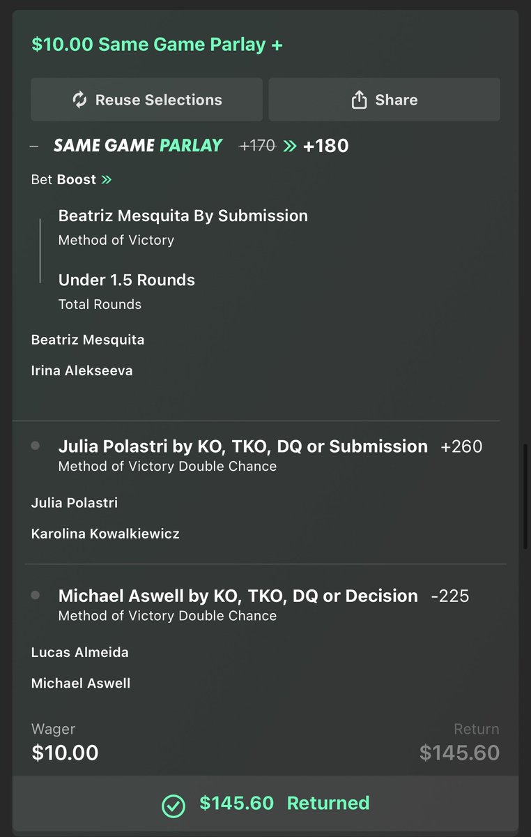 Shoutout my dudes <a href="/LiamPicksFights/">Liam Picks Fights</a> and <a href="/WizzMMA/">WizzMMA</a> for the weekly insights!

Always nice when our plays line up 🤝