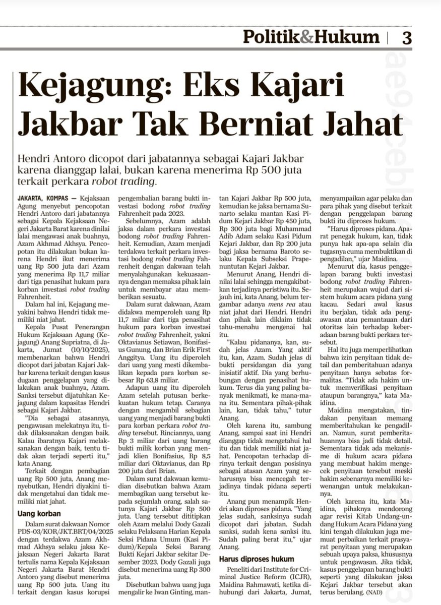 Sudahlah bukti kejahatan, kejahatannya judol pula. Mengalir ke HA Kajari Jakbar, IG Kajari sebelumnya, DG Lakhar Kasi BB, MAA Kasi Pidum, S mantan Kasi Pidum, dan B Kasubsi Pratut.

Wajar publik khawatir nasib BB duit triliunan, karena yang ngalir jauh bukan cuma Bengawan Solo.