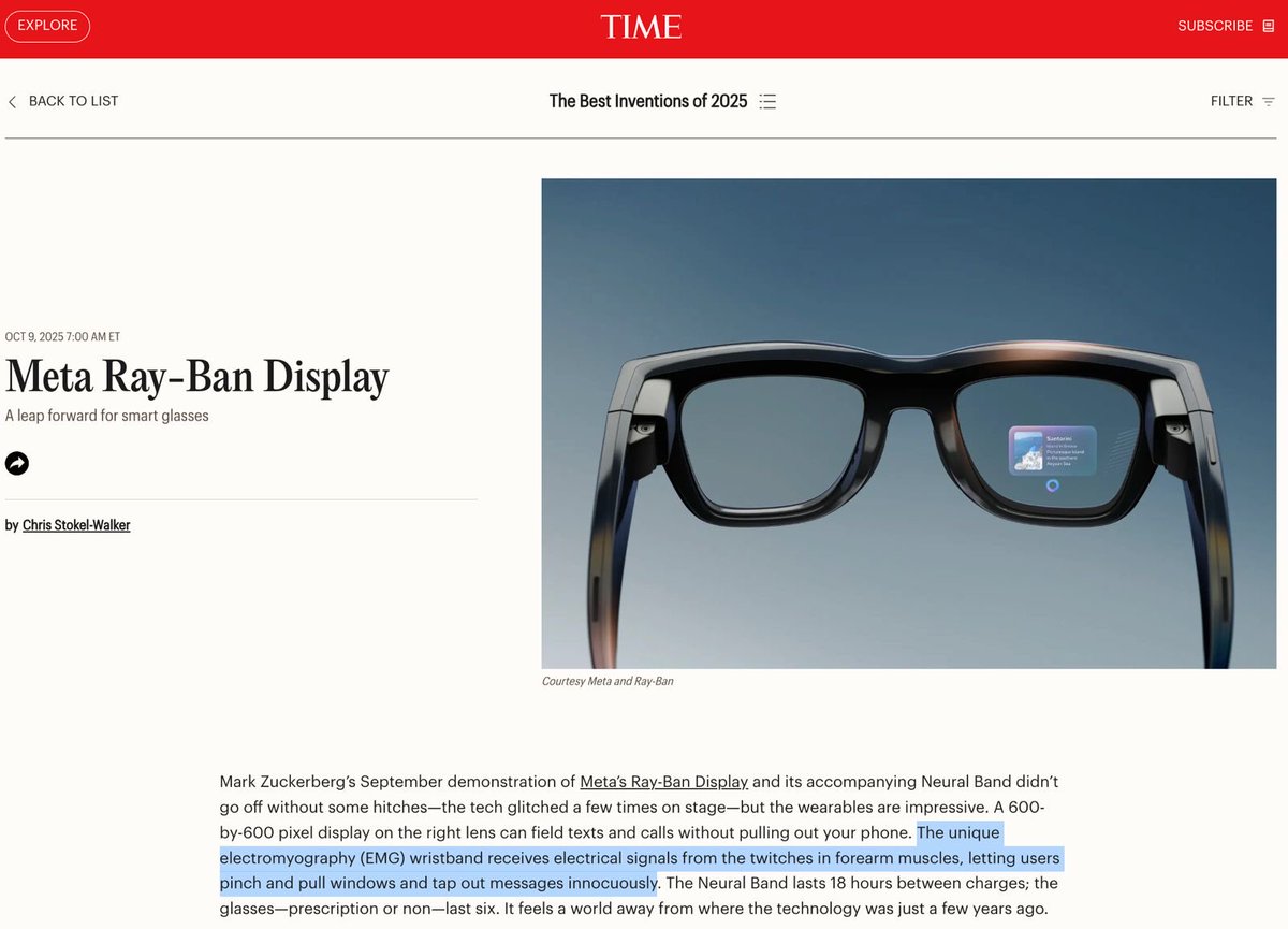 Gratifying to see the Meta Neural Band named one of <a href="/TIME/">TIME</a>’s Best Inventions of 2025!