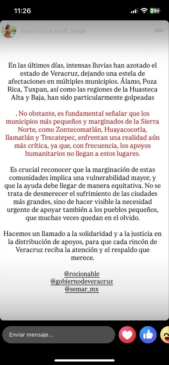 AlinLeilani's tweet photo. @rocionahle @Claudiashein @GobiernoVer 
Cada minuto cuenta, seguimos esperando el apoyo a nuestro municipio y municipios vecinos 
#plandn3 #Zonanorteveracruz  #sedenamx https://t.co/eramSBMjkl