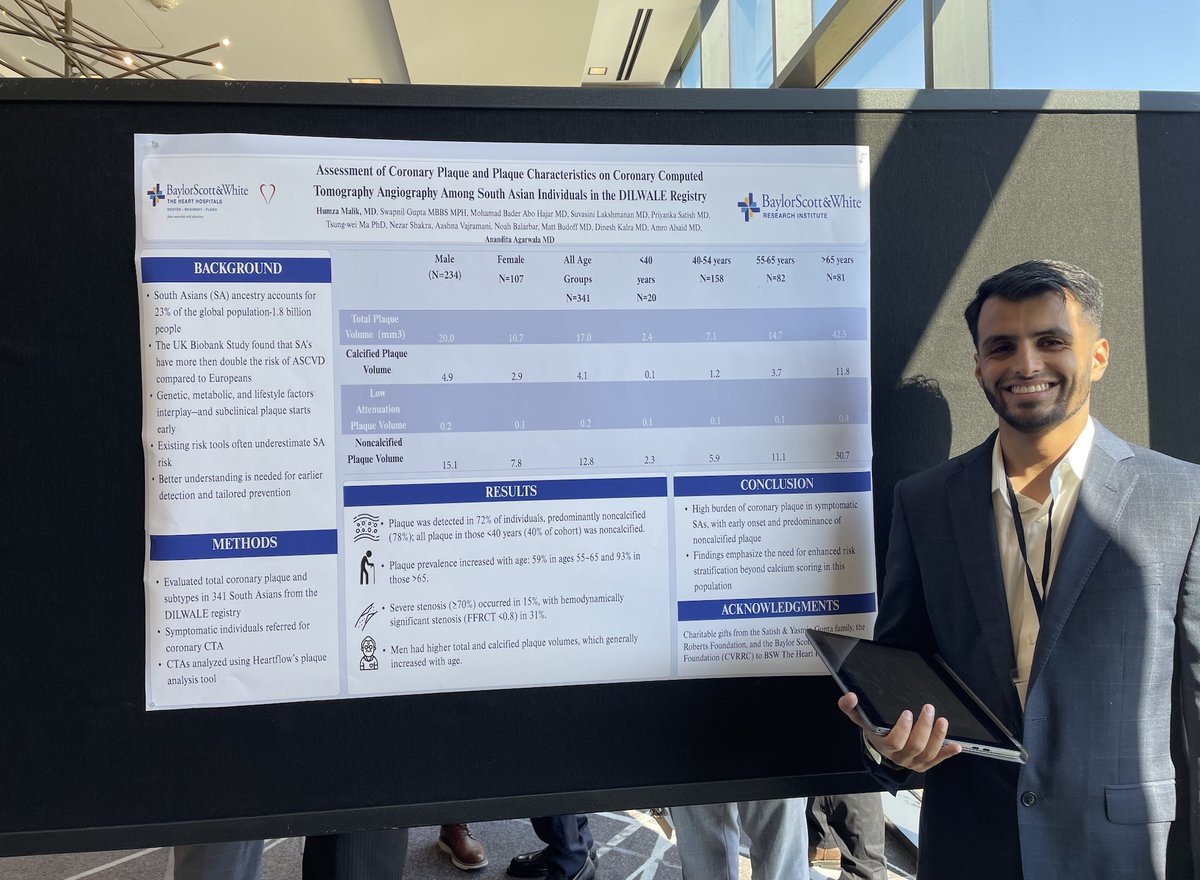 AKulkarniMD's tweet image. Huge congrats to Humza Malik for knocking it out of the park with his poster on coronary plaque characteristics among South Asians in the DILWALE Registry!

Incredible work driving insights in #CardiacImaging &amp;amp; #SouthAsianHealth 🫀🔥 #CardioTwitter