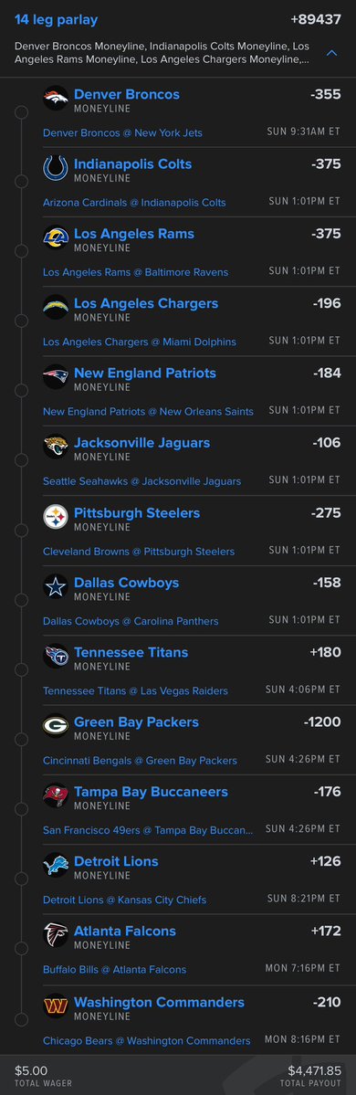 SmartPicksPro's tweet image. Week 6 Moneylines.

$5 pays $4,500.

🔗 flashpicks.bet/SundayML