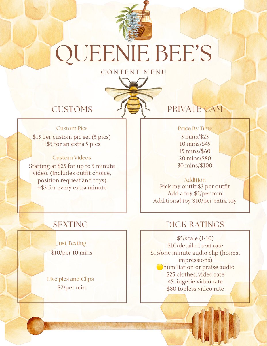 Queenie_727's tweet photo. 🌻 Free Subs
🐝 VIP
🍯 Customs
🌼 Girlfriend Experience 
🐝 And did I mention new subs get their first mint 75% off?! https://t.co/fEgNTVwBvo