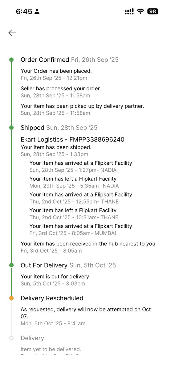 kishore2022's tweet photo. Hey @Flipkart @FlipkartSupport,
Paid for a product in your “big sale”, delivery promised by 5 Oct — still waiting!
Customer care = false updates &amp; no accountability.
Every time the same excuse: “nearby hub”, “senior team will call”.
Still nothing. Totally unacceptable! https://t.co/8TGeF4ywva