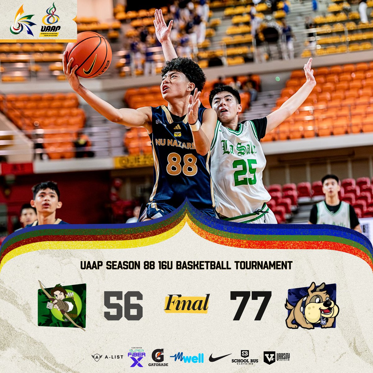 NUNS Bullpups d. DLSZ Junior Green Archers, 77-56. 

#UAAPSeason88 
#StrengthInMotionHopeInAction