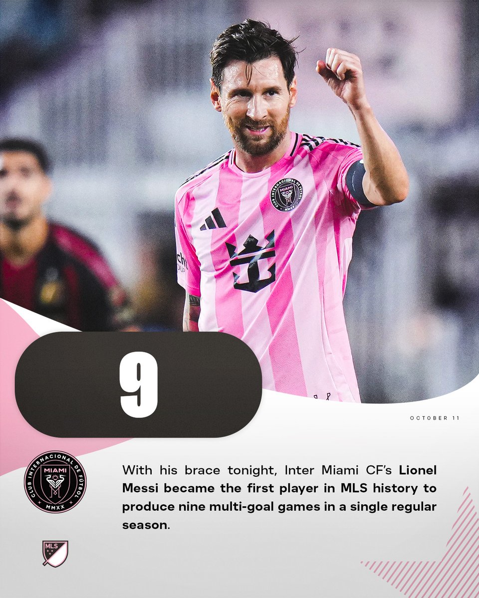 MLS_PR's tweet image. With his brace tonight, @InterMiamiCF&apos;s Lionel Messi became the first player in @MLS history to produce nine multi-goal games in a single regular season.