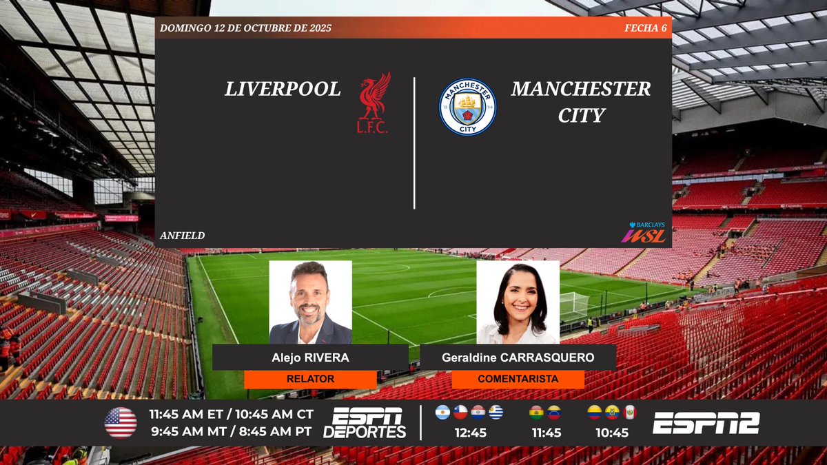 ProgramacionUS's tweet image. ⚽️ #BarclaysWSL 🏴 | #Liverpool vs. #ManchesterCity
🎙️Relator: @AlejoERivera
🎙️Comentarista: @GeralSports7
📺 @ESPNDeportes 🇺🇸
📺 #ESPN2 Sudamérica
💻📱@disneyplusla Sudamérica
💻📱@ESPNPlus en la ESPN App y @DisneyPlus 🇺🇸
#️⃣ #FUTBOLxESPN - #DisneyPlus - #ESPNApp - #LIVMCI