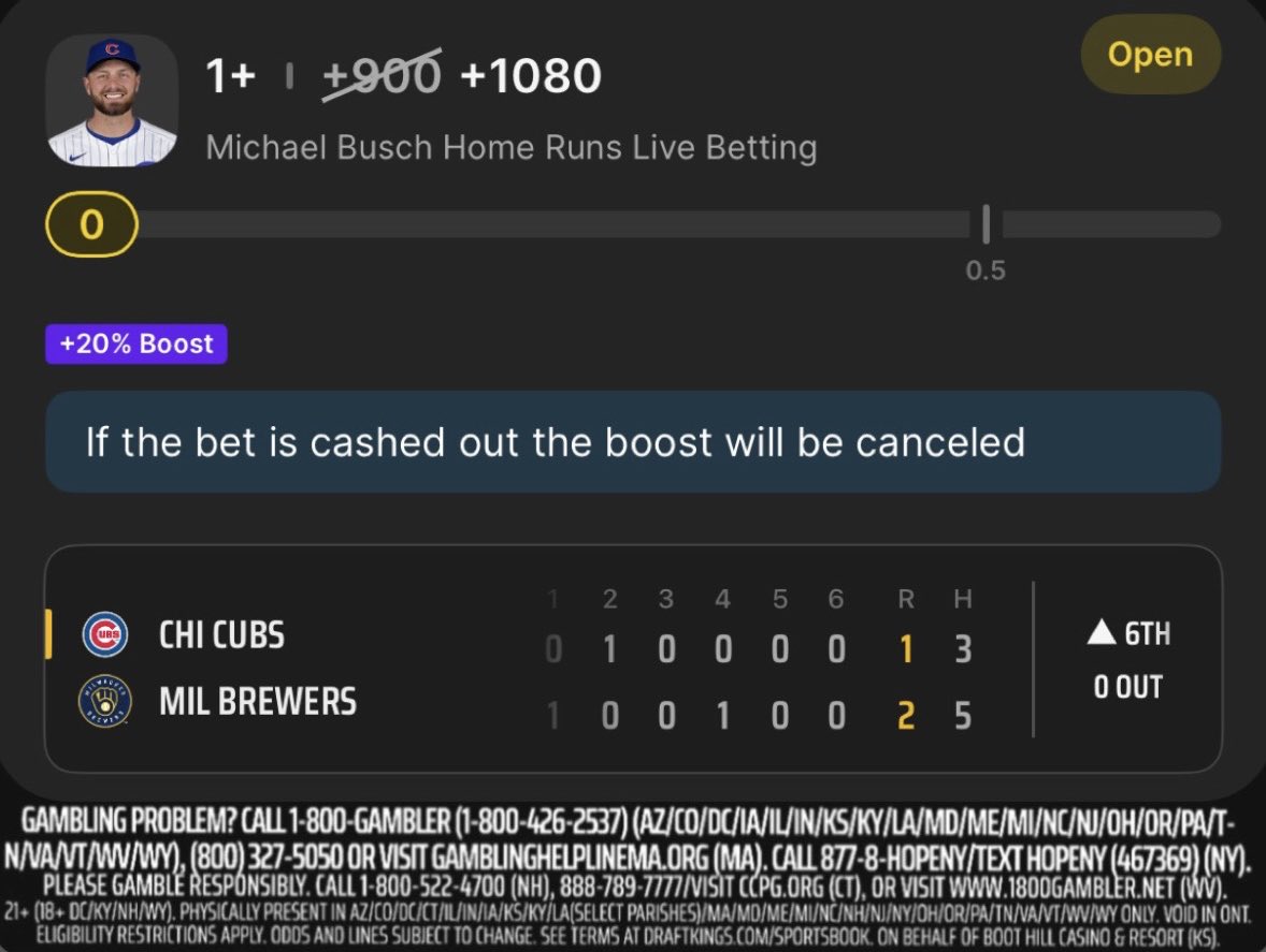 StevenCheah's tweet image. Just live bet next batter (Busch) for a HR on @DKSportsbook #DKPartner