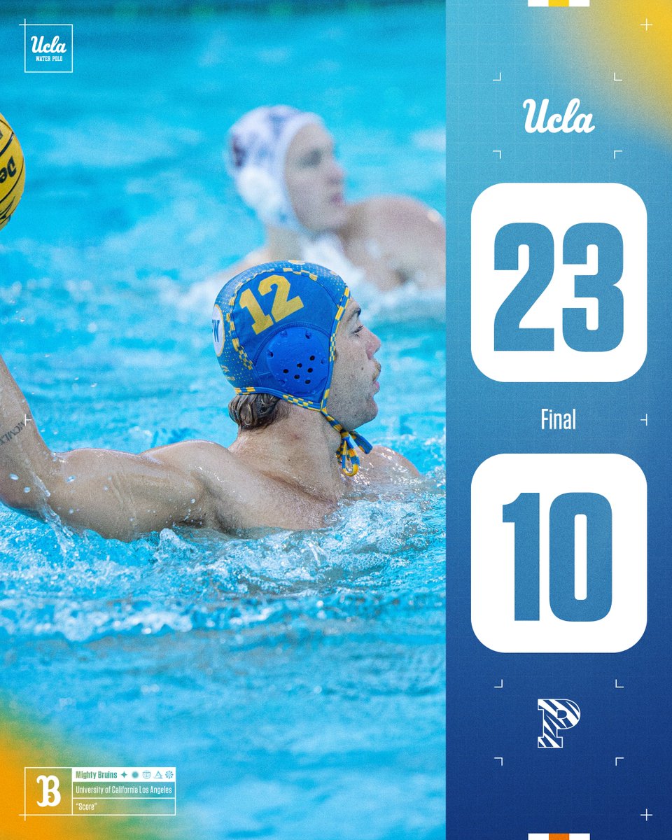 FINAL | No. 1 UCLA (18-0) def. No. 13 Princeton (14-5), 23-10.
*⃣ Ryder Dodd paced the offense with a season-high 8⃣ PTS (5 GLS, 3 ASTS).
*⃣ Nate Tauscher had 6⃣ saves &amp; 2⃣ assists.
*⃣ A dozen different Bruins scored.
*⃣ Bode Brinkema scored a career-high 4⃣ GLS.
#GoBruins🐻🤽‍♂️