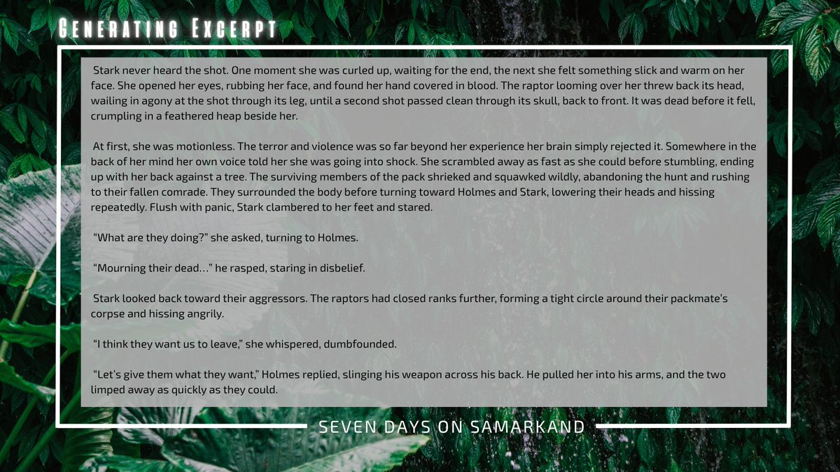 ACCESSING #AGENTSGUIDE...

SEVEN DAYS ON SAMARKAND is a multi-POV work of adult hard #scifi. With the found family dynamics of THE EXPANSE, the novel follows human colonists seeking to coexist with alien dinosaurs on a distant planet. This novel is #querying now.