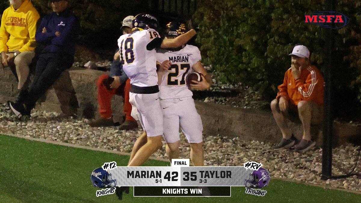 KNIGHTS WIN

<a href="/MarianUFootball/">Marian Football</a> wins another shootout, getting a key stop from the defense to outlast Taylor 42-35!

Knights come back home next week to start Midwest play against St. Francis on homecoming!
