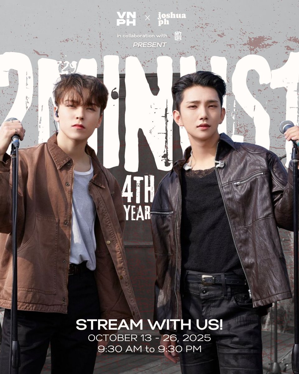 svtsupportsite's tweet photo. Celebrate four years of 2MINUS1 with us!
VERNON PH & JOSHUA PH in collaboration with SVT SUPPORT SITE invite you to 14 days of remembering, jamming, and yearning!
🎵 Now playing… 2MINUS1, title tracks, subunit releases, and SVT hits you can’t get out of your head…
STREAM WITH US ⤵️
Oct. 13 - 26, 2025
9:30 AM to 9:30 PM
🔁COMING UP NEXT…
Giveaways, your favorite VERSHUA moments, and more music!
FOUR YEARS OF 2MINUS1
#2MINUS1 #2MINUS1_4Years
#VERNONxJOSHUA
@pledis_17