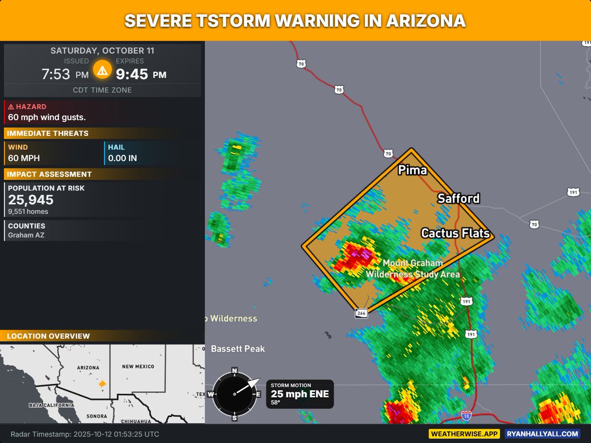 OfficialYallbot's tweet image. A Severe Thunderstorm Warning is in effect for south central Graham County, AZ, until 7:45 PM. I'm tracking this storm, currently southwest of Thatcher and moving northeast. Join me on X and YouTube for live radar analysis and updates on its path. #AZwx #GrahamCounty