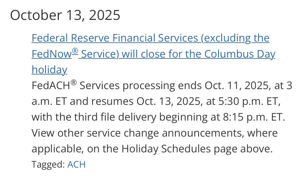 DarioCpx's tweet image. Fun fact: on Monday US markets will be regularly open but, because of Columbus Day holiday, all FED systems but FedNow won’t be operational.
This means that financial institutions won’t be able to wire funds between each other ⚠️ - Not ideal if stocks tank and margin calls fly..