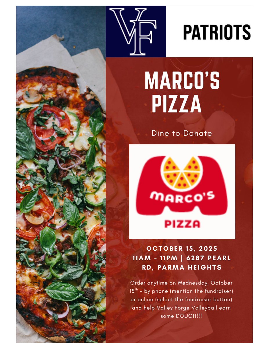 Be sure to stop by Marco’s pizza on the 15th to support our volleyball team!