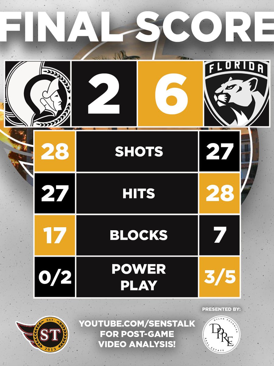 senstalk_'s tweet image. #Sens split the road trip in Florida as they fall to the Panthers 6-2.

Ottawa’s penalty kill needs some serious work…but taking 2/4 points in Florida ain’t too bad overall. 

Bring on the home opener!

Talk soon on YouTube.com/senstalk