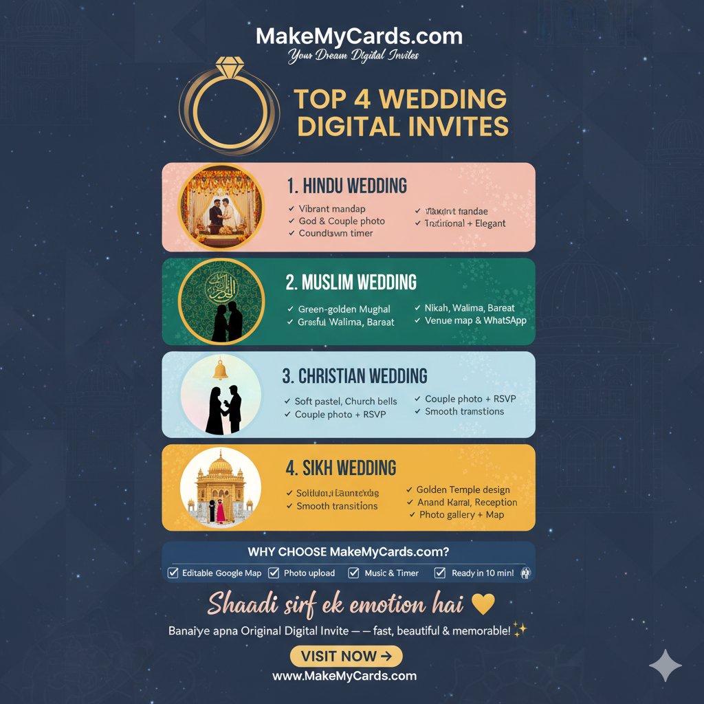 MoriyaYash's tweet photo. Your wedding deserves the best start 💍
Explore the Top 4 Wedding Digital Invites — Hindu, Muslim, Sikh &amp; Christian ✨
Create in 10 mins at 👉 https://t.co/M7xVqqbKf6
#MakeMyCards #WeddingInvite #DigitalCard https://t.co/AcqHJAVNt5