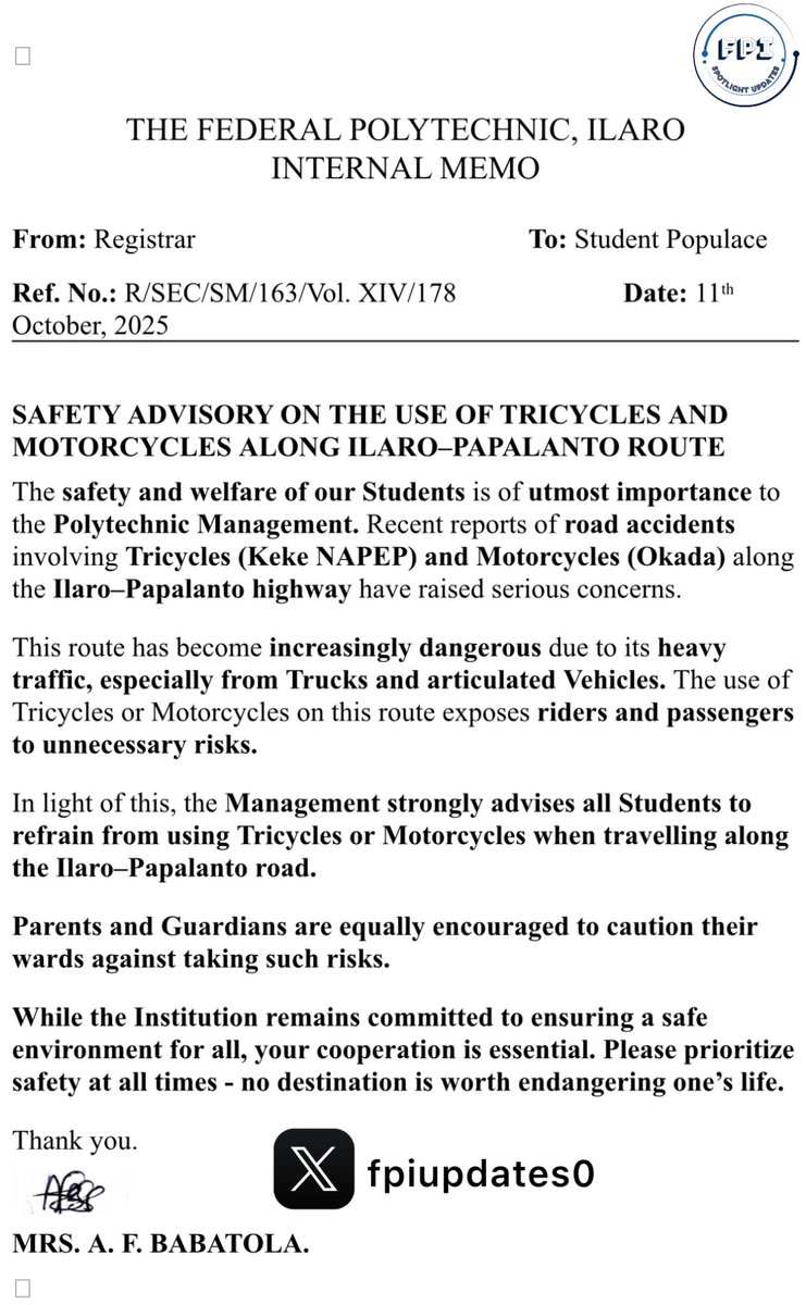 fpiupdates0's tweet image. 🚨IMPORTANT NOTICE TO ALL STUDENTS

#fpi #fpiupdates #ilaro #polytechnic