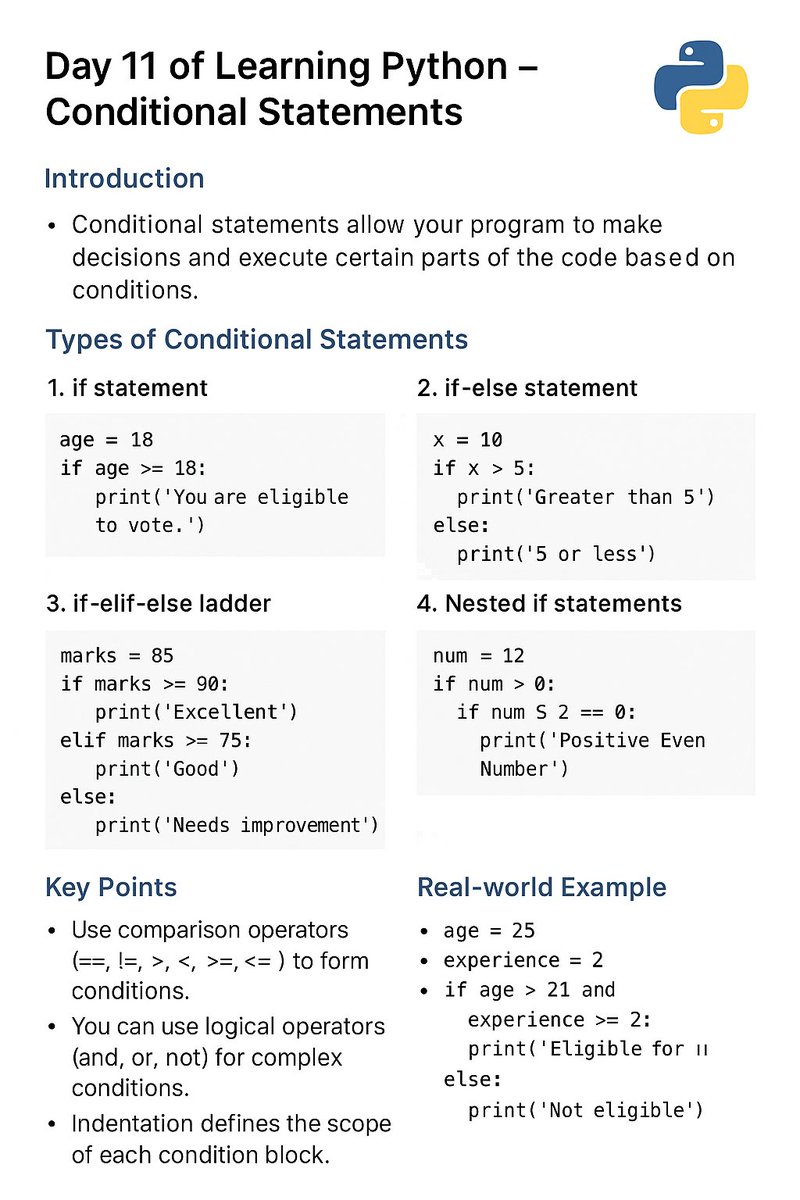 NivasChintu1's tweet image. Day 11 of Learning Python:
Mastered Conditional Statements today!
Learned how to use if, elif, and else to make smart decisions in programs.
Every “if” opens a new possibility in logic! 🚀
#Python #100DaysOfCode #LearnPython #PythonDeveloper
