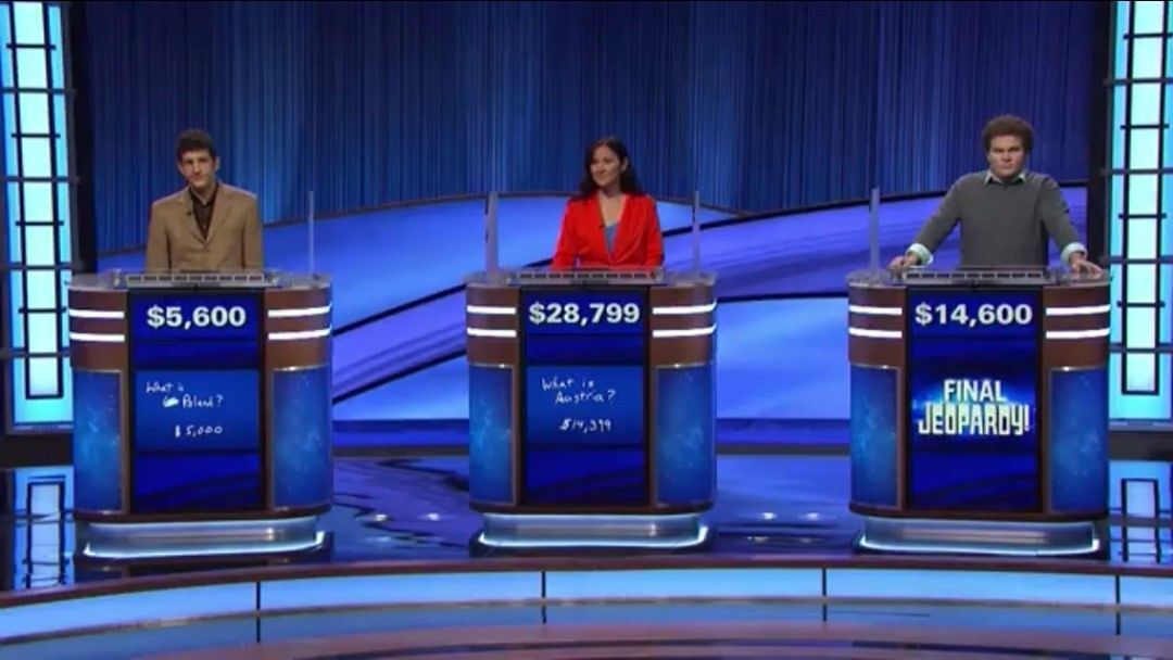 PIUpdate's tweet image. 📺 October 11, 2021: &quot;Turn out the lights, the party&apos;s over!&quot;

Jonathan Fisher (pictured right) ultimately won this game in this &quot;Jeopardy!&quot; episode, it was Jessica Stephens&apos; (center) correct response in the Final Jeopardy round (as the attached screensh… instagr.am/p/DPsRU-KiFUE/