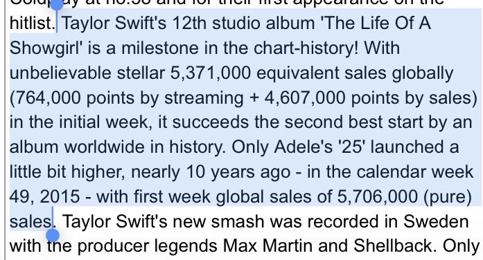 LaertesFrump's tweet image. Taylor Swift não conseguiu quebrar o recorde global da Adele

#1. 25 — 5.706.000 (pures)
#2. The Life of a Showgirl — 5.371.000 (total)
4.607.000 (puras)

realmente o que a Adele fez em 2015 é irreplicável.