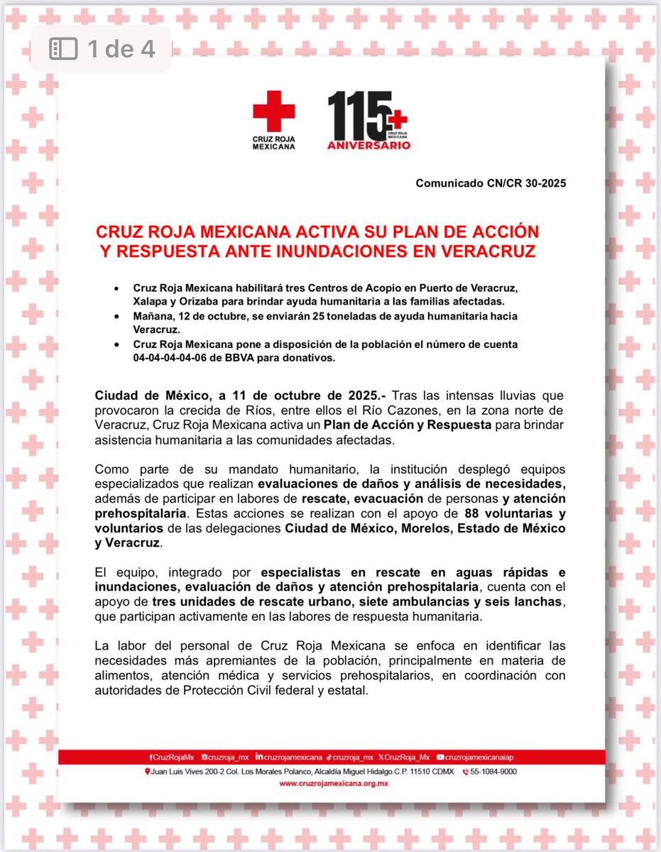 CruzRoja_MX's tweet photo. #Enterate | Cruz Roja Mexicana activa su Plan de Acción y Respuesta ante las inundaciones en #Veracruz. https://t.co/F2FmxuyY27
