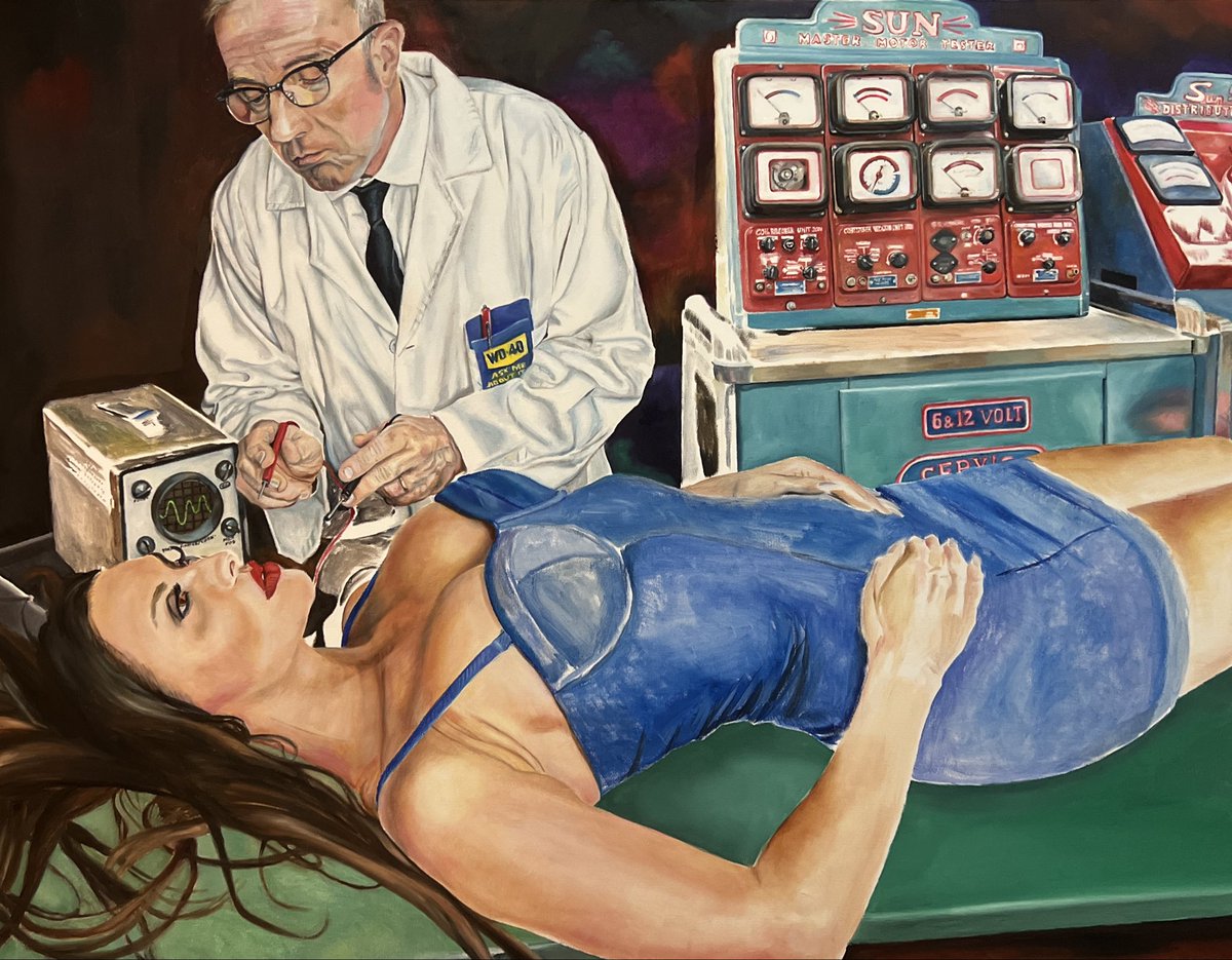 PainterPaul7's tweet photo. More progress on my oil painting “Girl Factory No. 1 (Robot Mechanic)”.  When I balk at working on a painting it’s usually because I imagine it’s going to be hard.  But tonight was good.  I worked on the lab coat.
#paulerlandsonart #oilpainting #robotwoman #madscientist https://t.co/52EHGtuzwM