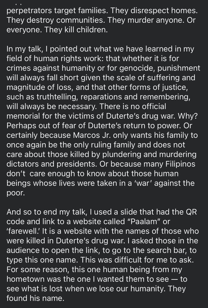 RCarranza_'s tweet photo. I SPOKE in Doha Qatar on the case against Rodrigo Duterte at the @IntlCrimCourt. I began by talking about his death squad. I explained why punishment for crimes against humanity or genocide will always fall short. I ended by asking the audience to search for a name in a memorial. https://t.co/Y9TnYpR2yx