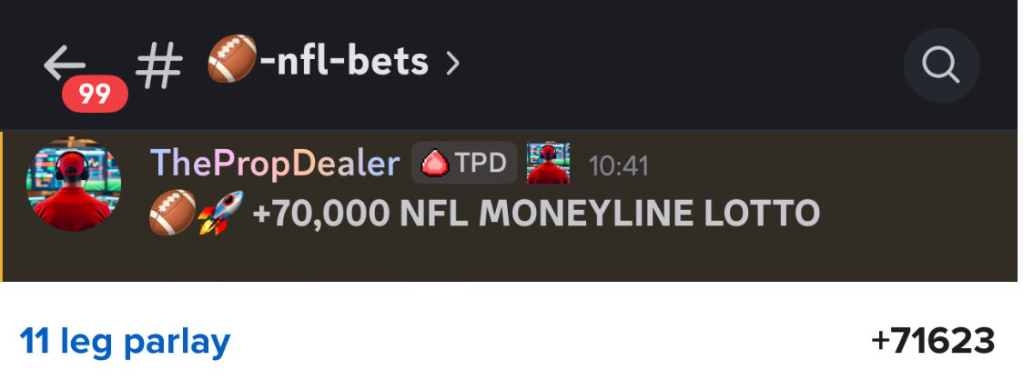 thepropdealer's tweet image. 🏈🚀 +70,000 NFL MONEYLINE PARLAY IS LIVE!

The parlay has been posted in my Bet Club Discord.

↪️ Join for just 99 cents: tpd.bet/99Cents-MNF

Click the link above to subscribe and access the full slip instantly. 

It costs just $0.99 &amp;amp; you'll also get unlimited access to my…