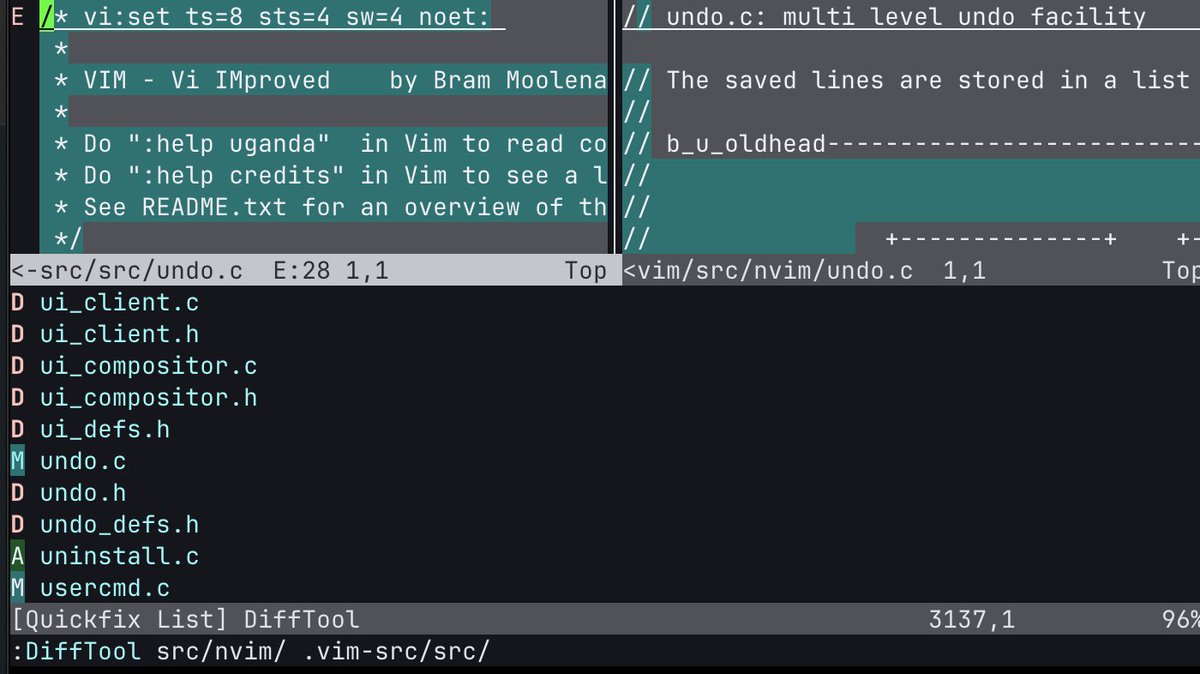 Neovim's tweet image. Nvim 0.12 includes a (optional) difftool plugin which can compare directories (instead of just files). 

:packadd nvim.difftool
:DiffTool dir1/ dir2/

github.com/neovim/neovim/…