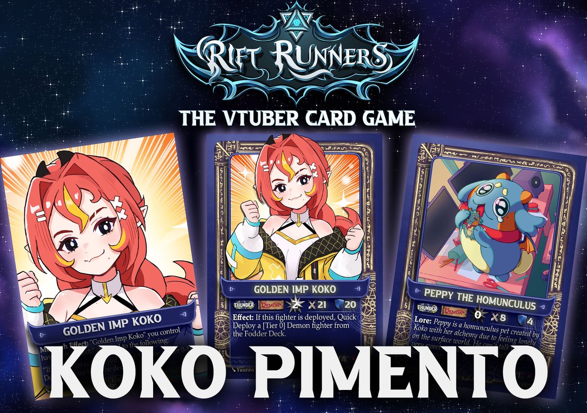 Set 4 Reveal: The digital alchemist herself is coming to Rift Runners! <a href="/KokoPimento/">Koko 🌶</a> is bringing her artistic creations to life and she might be a strong addition to the meta.
(Art by <a href="/yuurina_/">Yuurina ❈ AXC S5</a> and <a href="/OosoArt/">OosoArt</a>) #Vtuber #TCG #RiftRunners