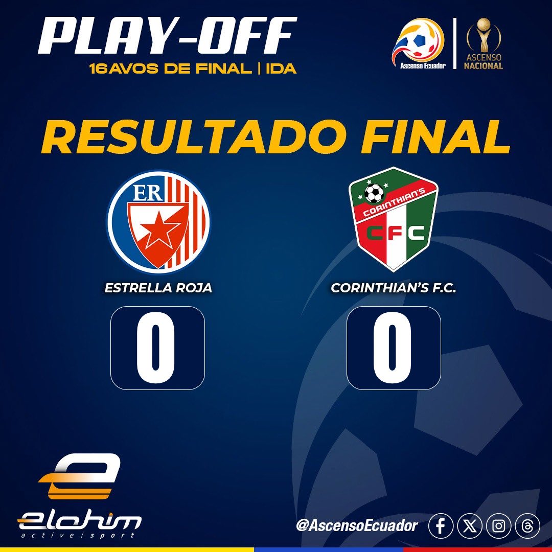 ¡Final del partido!
⚔ Estrella Roja (0-0) Corinthian’s FC.
🏟 Alejandro Serrano Aguilar | Cuenca 
🏆PLAY-OFF 🇪🇨
🗓 16avos de Final | IDA
#AscensoEcuador