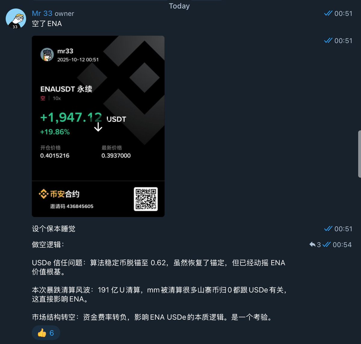 0xmr33's tweet image. $ENA 空单极度舒适。
TG群内全程开单,逻辑。收菜。无马后炮。
我们群高手云集。恰好有 @coldcupidrong 巴老师这位捉妖高手。
捉妖恰恰是我个人不擅长的,弥补了我自己的缺点。