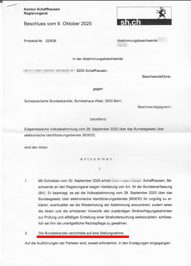 goalsschweiz's tweet image. Ich habe mich hier nochmals einloggen können, um euch die Antwort der Kantonsregierung Schaffhausen zur Abstimmungsbeschwerde zur #eID zu präsentieren. Ich könnte nun den Entscheid (auch im Falle eines Nichteintretens oder einer formellen Behandlung meiner Beschwerde) ...