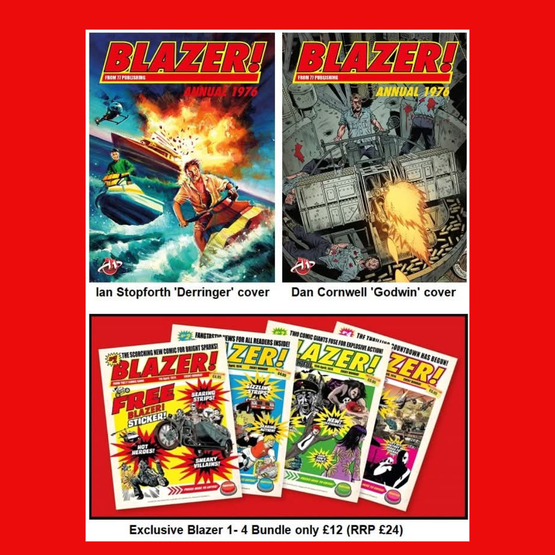 At 9.30pm BST, the legendary Steve MacManus' BLAZER! Annual 1976 #Kickstarter will end. You can still grab the following rewards:

Kickstarter exclusive hardback Annual
Original Dan Cornwell art
Mike Walters sketches

Check the linktree in our bio!