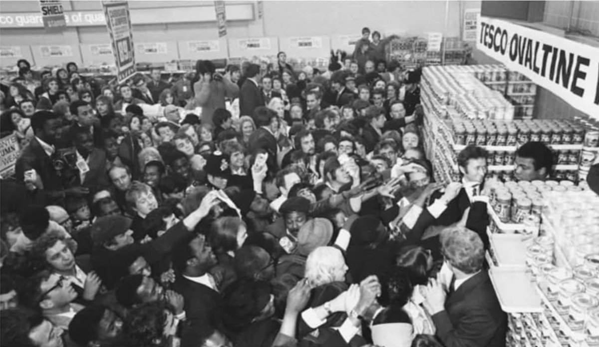 On this day 1971, boxer Muhammad Ali visited Tesco at Stretford’s Arndale shopping precinct to promote Ovaltine.