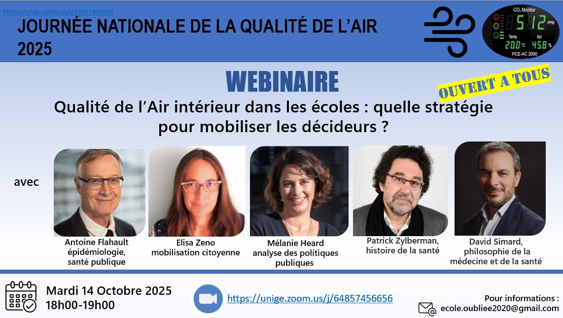 🚀J-2 avant le webinaire 
" #QAI et #ecoles : quelle strategie pour mobiliser les décideurs "

🗓️ Mardi 14/10 | 18h–19h
🎥 Webinaire ouvert à tous
👉 rejoignez-nous : unige.zoom.us/j/64857456656